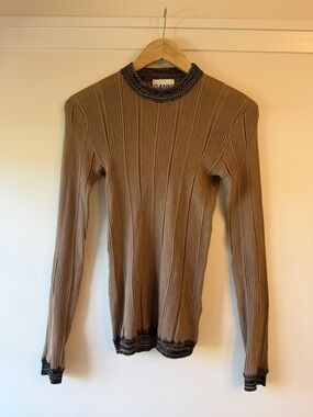 Ganni Tan Ribbed Crew Sweater with Black Trim